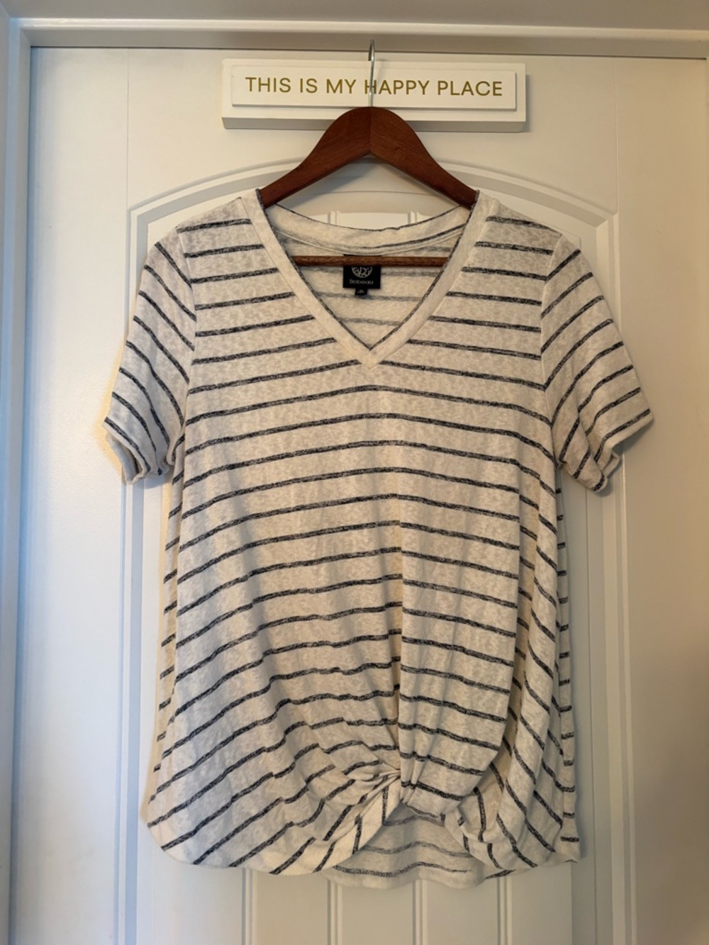 Bobeau Striped Knot Front Tee – V-Neck Short Sleeve Top – Size M